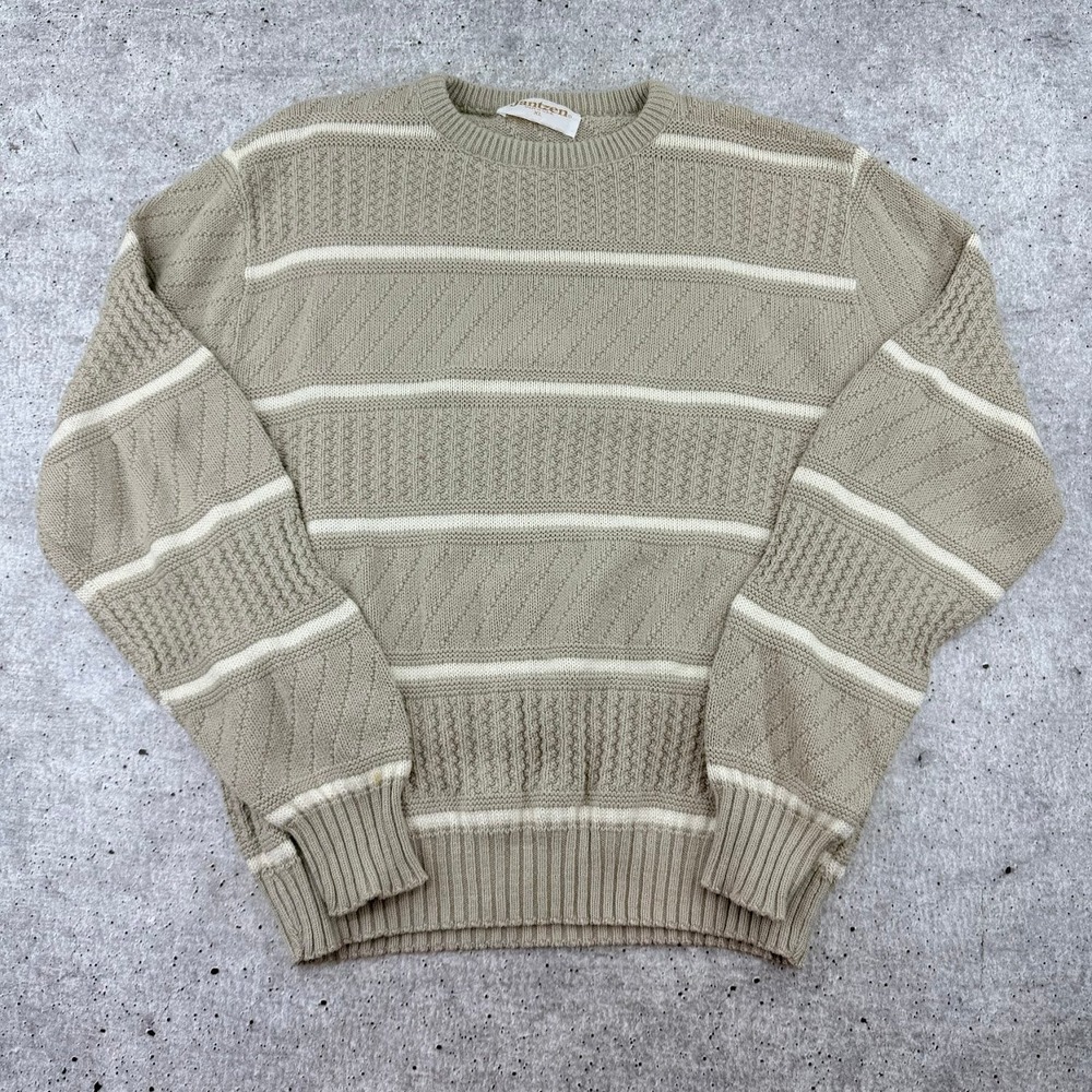 Vintage Made in USA Jantzen Knit Crewneck Striped Sweater Beige White Youth XL?